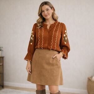 Rust Boho Peasent Top Womens Size Large Ruffle Neck Embroidered Floral Sleeves